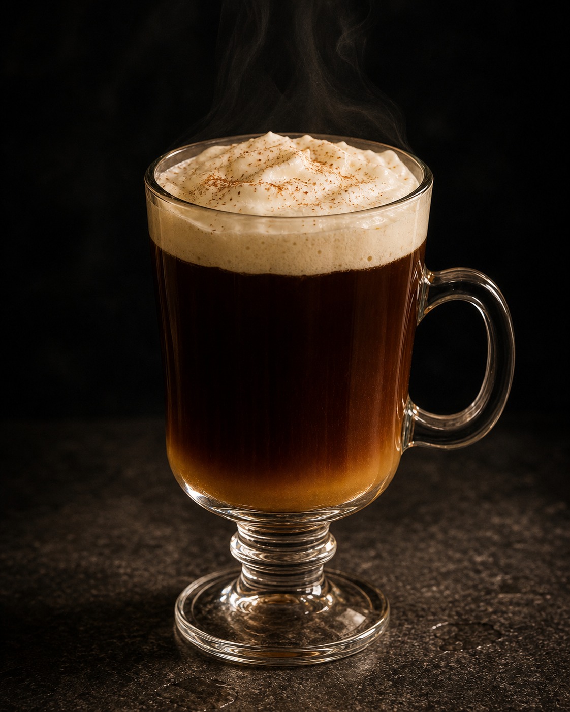 Steaming footed glass mug of hot coffee topped with whipped cream dusted with cinnamon