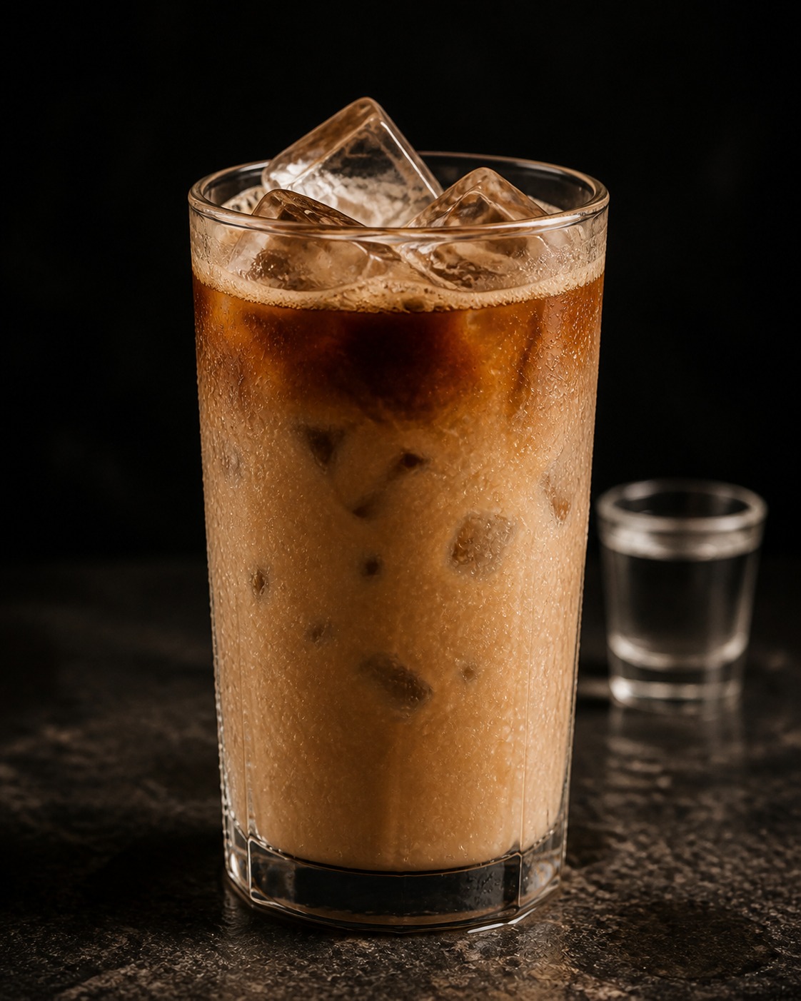 Tall glass of milky Vietnamese iced coffee beside a small shot glass of clear soju