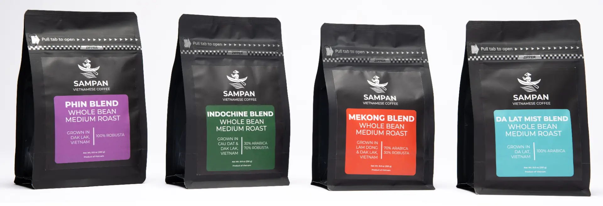 Four Sampan Vietnamese coffee blend bags lined up side by side