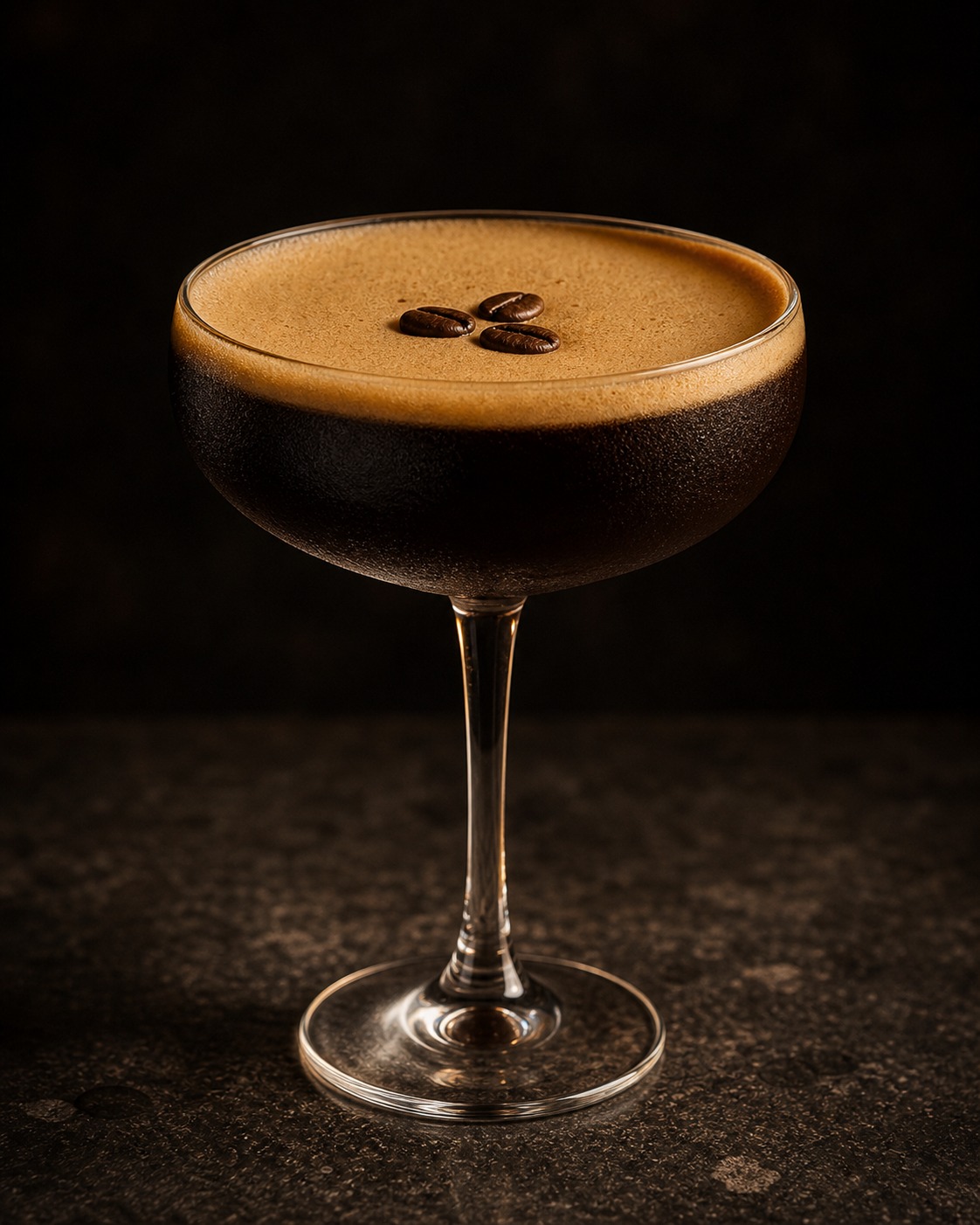 Coupe glass of coffee martini with a thick crema head and three coffee beans on top