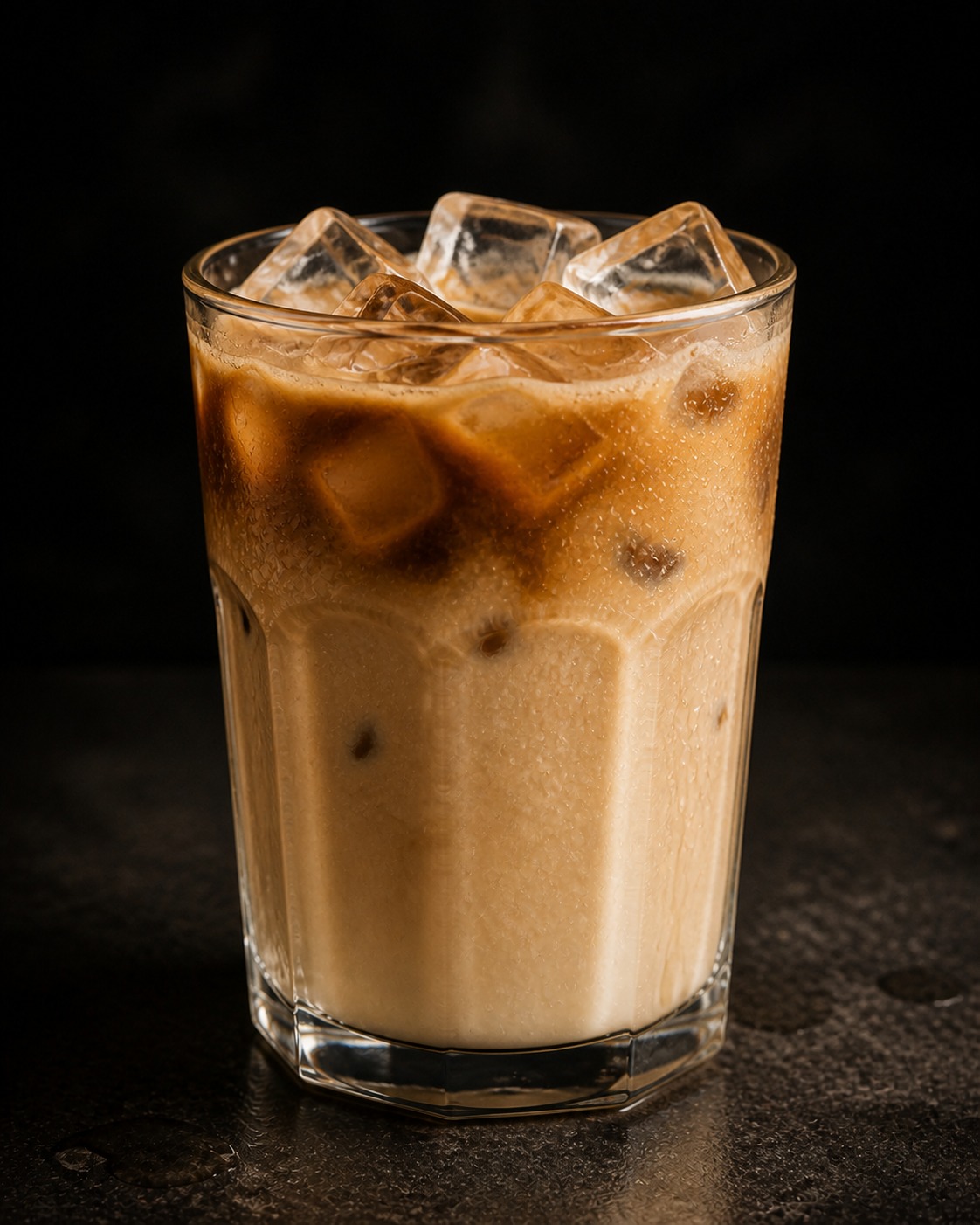Tall glass of pale, milky Vietnamese iced coffee with ice cubes on a dark surface