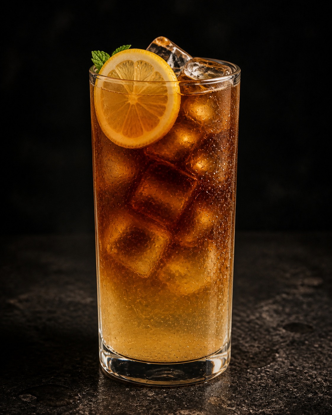 Tall glass of iced coffee lemonade with a lemon wheel and mint sprig garnish