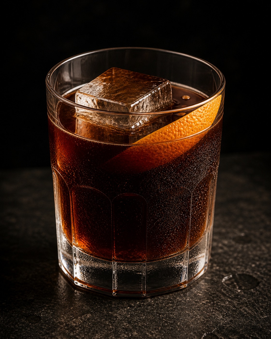 Rocks glass of dark coffee and rum over a single large ice cube with an orange peel twist