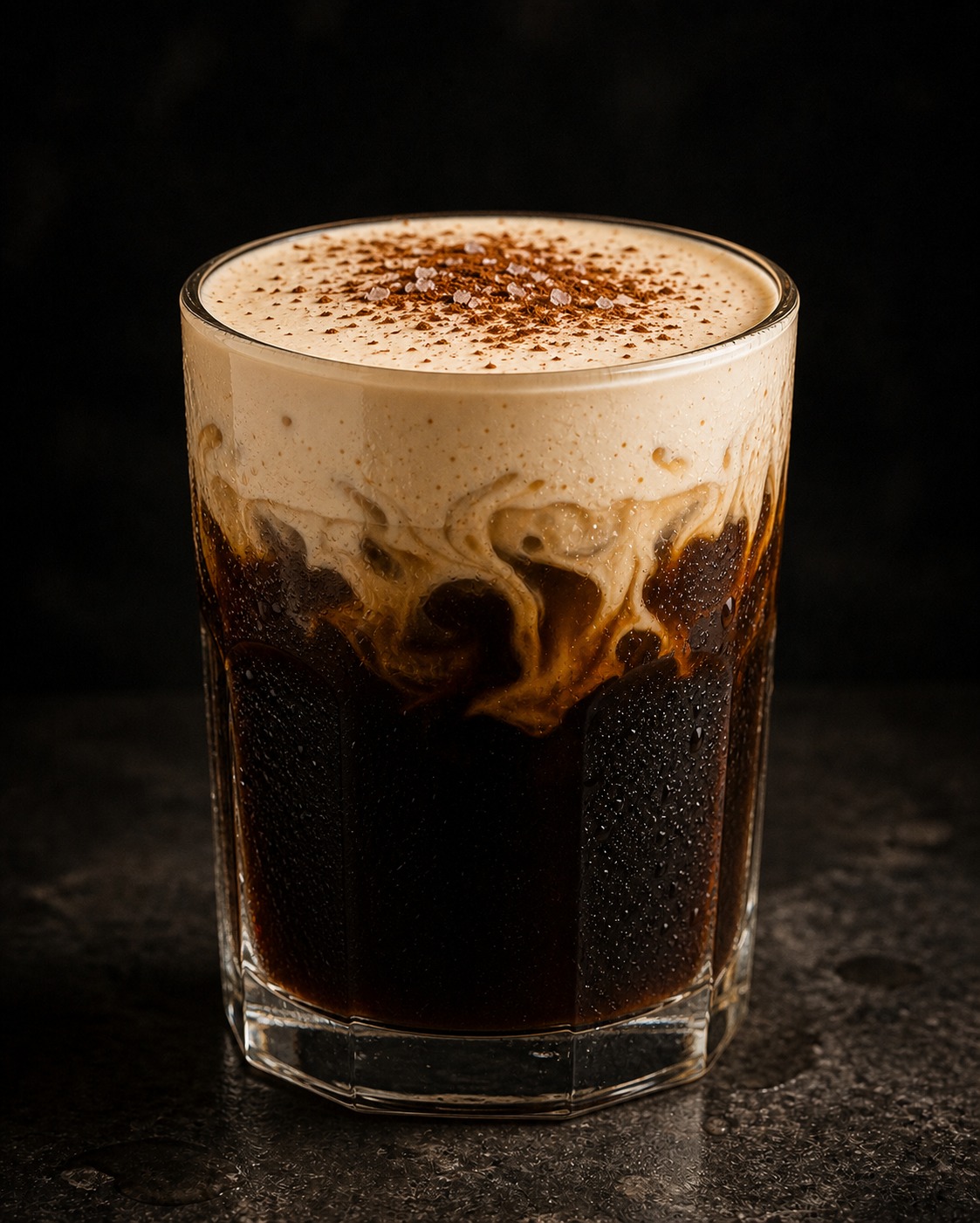 Glass of dark Vietnamese coffee topped with a thick salted cream foam dusted with cocoa