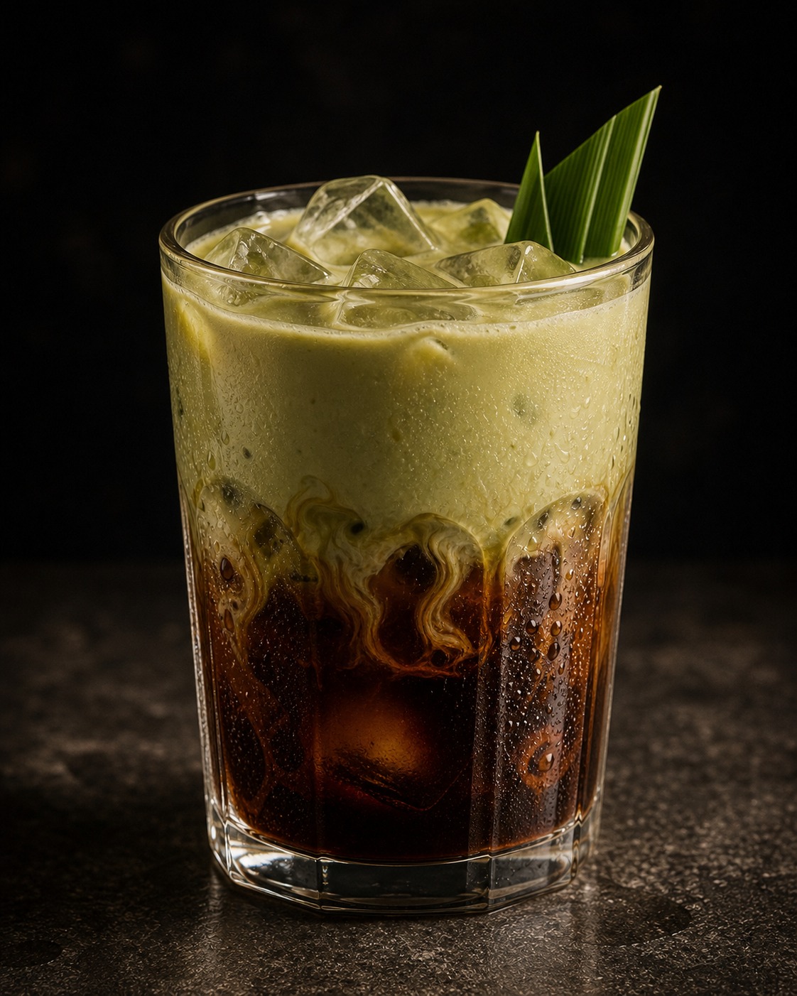 Layered iced coffee with a pale green pandan cream top and dark coffee below, garnished with a pandan leaf