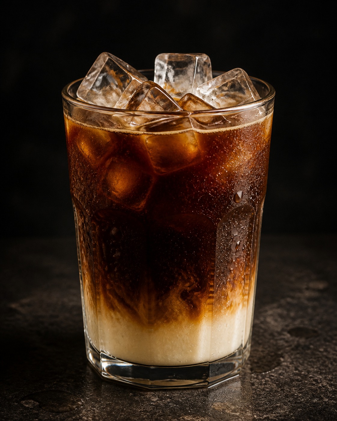 Tall glass of Vietnamese iced coffee with ice cubes and a layer of condensed milk settled at the bottom