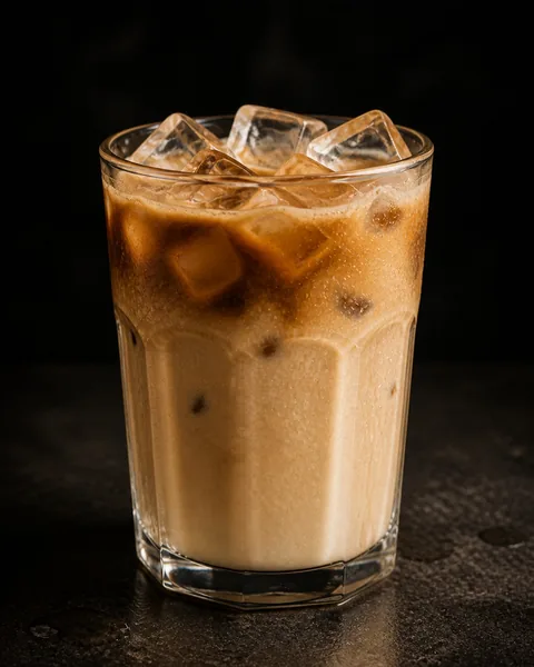 Tall glass of pale, milky Vietnamese iced coffee with ice cubes