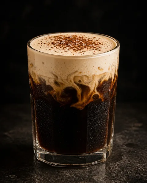 Glass of dark Vietnamese coffee topped with a thick salted cream foam